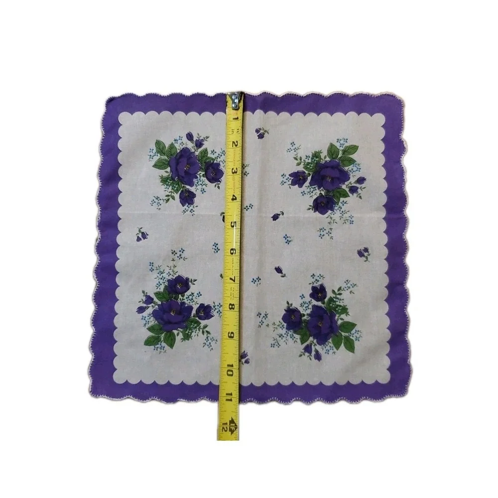 Linen Purple Poppies Floral Handkerchief Scalloped Cottage Core Bridesmaid‎